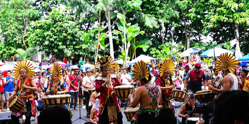 Musicians performing with traditional instruments in Borneo.