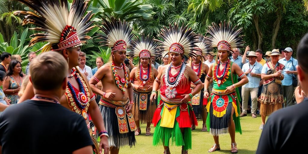 Indigenous dancers in colorful outfits at cultural festival.